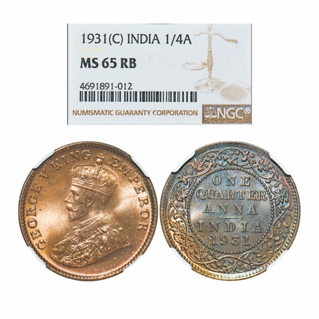 George V, Bronze, Quarter Anna, 1931, Calcutta Mint, No dot. GK 1192. NGC Slabbed MS 65 RB