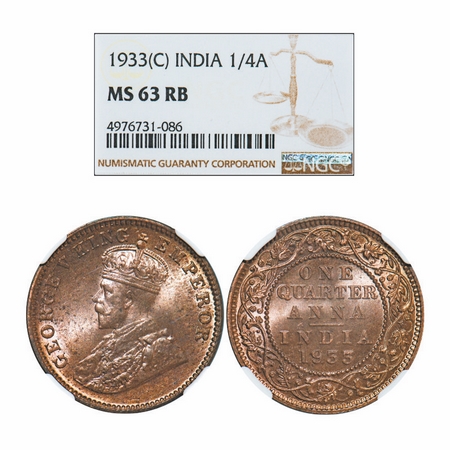 George V, Bronze, Quarter Anna, 1933, Calcutta Mint, No dot. GK 1193. NGC Slabbed MS 63 RB