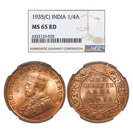 George V, Bronze, Quarter Anna, 1935, Calcutta Mint, No dot. GK 1195. NGC Slabbed MS 65 RD