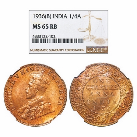 George V, Bronze, Quarter Anna, 1936, Bombay Mint, Dot. GK 1196. NGC Slabbed MS 65 RB. Rar