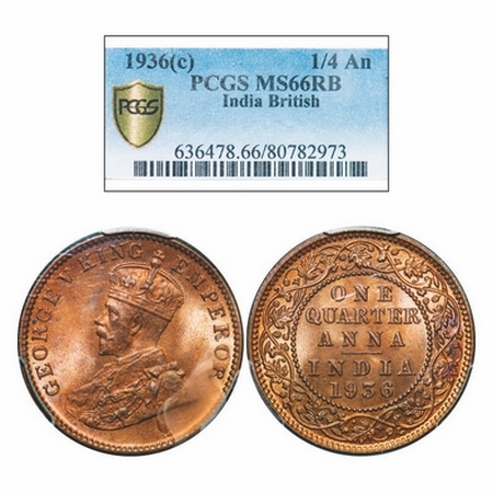 George V, Bronze, Quarter Anna, 1936, Calcutta Mint, No dot. GK 1197. PCGS Slabbed MS 66 R