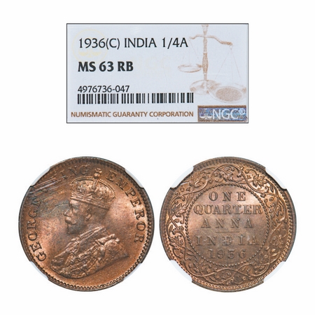 George V, Bronze, Quarter Anna, 1936, Calcutta Mint, No dot. GK 1197. NGC Slabbed MS 63 RB