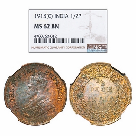 George V, Bronze, 1/2 Pice, 1913, Calcutta Mint, No mint mark. GK 1199. NGC Slabbed MS 62