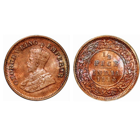 George V, Bronze, 1/2 Pice, 1914, Calcutta Mint, No mint mark. GK 1200. Brilliant Uncircul