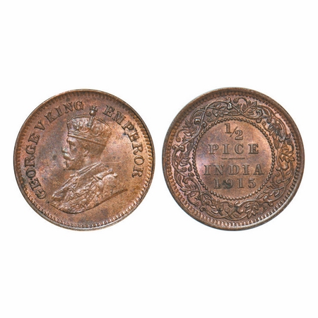 George V, Bronze, 1/2 Pice, 1915, Calcutta mint, No mint mark, Ghost on Rev. GK 1201. Unci