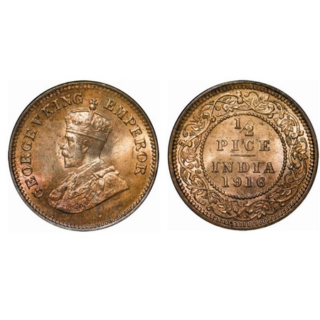 George V, Bronze, 1/2 Pice, 1916, Calcutta Mint, No mint mark. GK 1202. Brilliant Uncircul