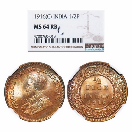 George V, Bronze, 1/2 Pice, 1916, Calcutta Mint, No mint mark. GK 1202. NGC Slabbed MS 64