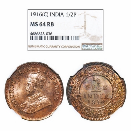 George V, Bronze, 1/2 Pice, 1916, Calcutta Mint, No mint mark. GK 1202. NGC Slabbed MS 64