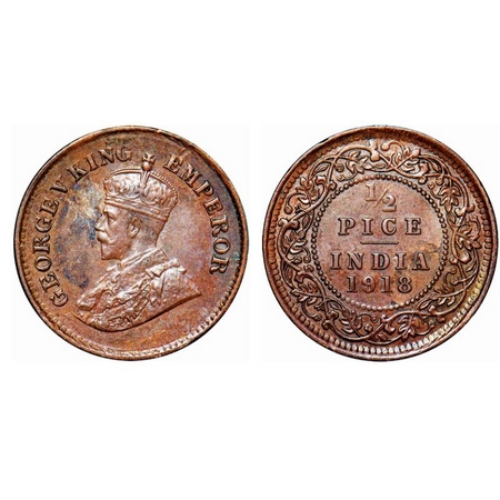 George V, Bronze, 1/2 Pice, 1918, Calcutta Mint, No mint mark, Ghost on Rev. GK 1204. Unci