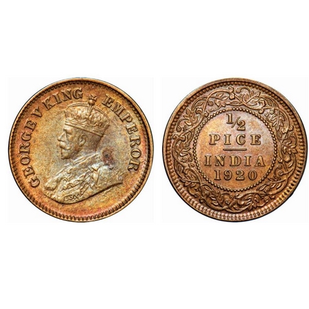 George V, Bronze, 1/2 Pice, 1920, Calcutta Mint, No mint mark, Ghost on Rev. GK 1206. Unci