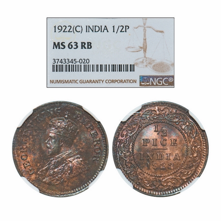 George V, Bronze, 1/2 Pice, 1922, Calcutta Mint, No mint mark. GK 1208. NGC Slabbed MS 63 