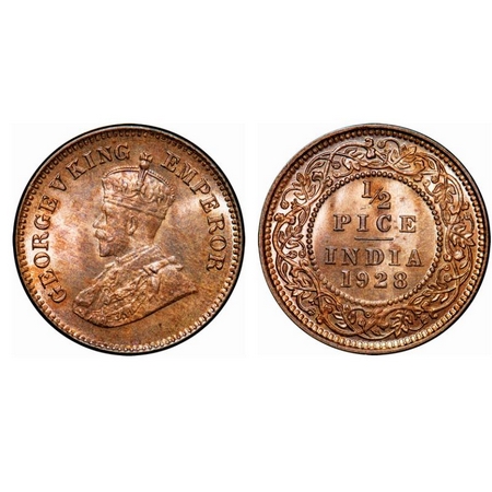 George V, Bronze, 1/2 Pice, 1928, Calcutta Mint, No mint mark. GK 1214. Brilliant Uncircul