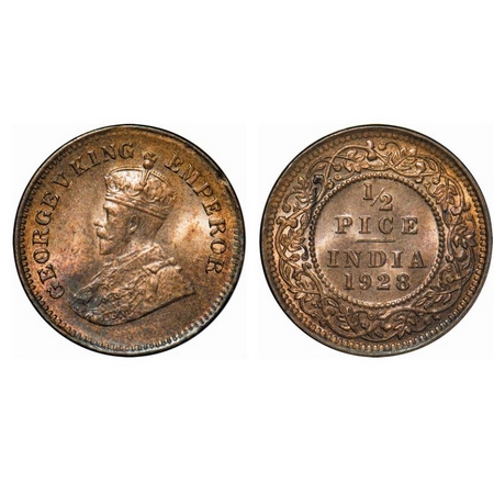 George V, Bronze, 1/2 Pice, 1928, Calcutta Mint, No mint mark. Planchet flaw on Obv. GK 12