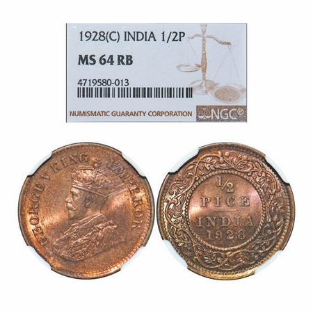 George V, Bronze, 1/2 Pice, 1928, Calcutta Mint, No mint mmark. GK 1214. NGC Slabbed MS 64