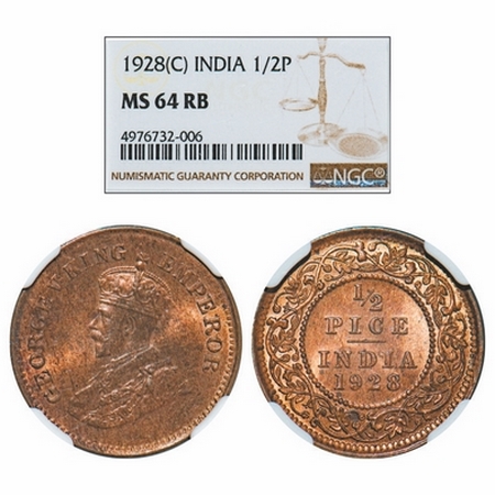 George V, Bronze, 1/2 Pice, 1928, Calcutta Mint, No mint mark. GK1214. NGC Slabbed MS 64 R