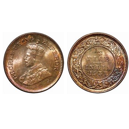 George V, Bronze, 1/2 Pice, 1931, Calcutta Mint, No mint mark. GK 1217. Brilliant Uncircul