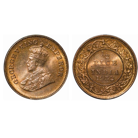 George V, Bronze, 1/2 Pice, 1932, Calcutta Mint, No mint mark. GK 1218. Brilliant Uncircul