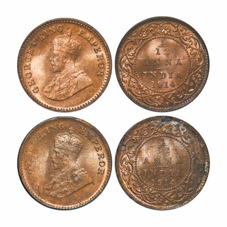 George V, Bronze, 1/12 Anna, 1914, (2 coins), Calcutta Mint, No dot, 1) Error, Planchet fl