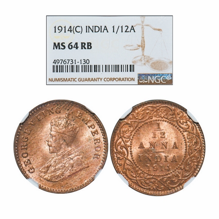 George V, Bronze, 1/12 Anna, 1914, Calcutta Mint, No dot. GK 1225. NGC Slabbed MS 64 RB. R