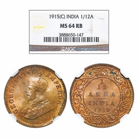 George V, Bronze, 1/12 Anna, 1915, Calcutta Mint, No dot. GK 1226. NGC Slabbed MS 64 RB. R