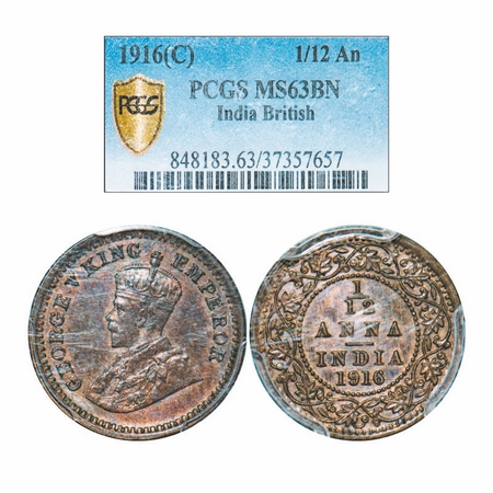 George V, Bronze, 1/12 Anna, 1916, Calcutta Mint, No dot. GK 1227. PCGS Slabbed MS 63 BN. 
