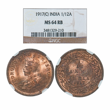 George V, Bronze, 1/12 Anna, 1917, Calcutta Mint, No dot. GK 1228. NGC Slabbed MS 64 RB. R