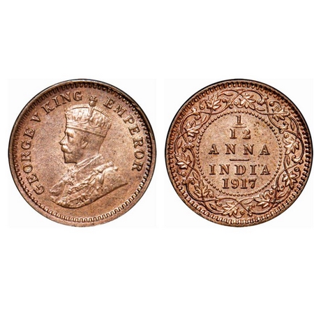 George V, Bronze, 1/12 Anna, 1917, Calcutta mint, No dot. GK 1228. Brilliant Uncirculated.
