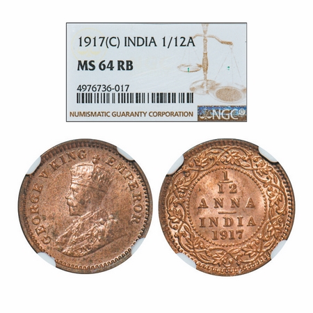 George V, Bronze, 1/12 Anna, 1917, Calcutta Mint, No dot. GK 1228. NGC Slabbed MS 64 RB. R