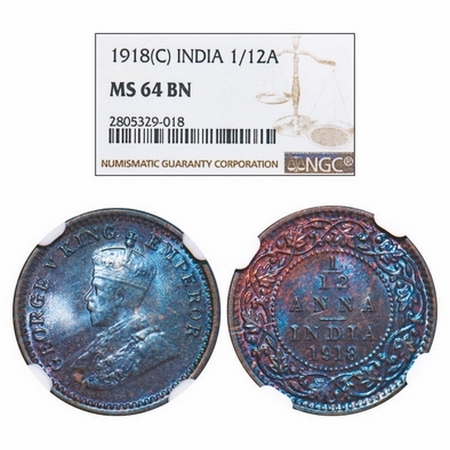 George V, Bronze, 1/12 Anna, 1918, Calcutta Mint, No dot. GK 1229. NGC Slabbed MS 64 BN. R