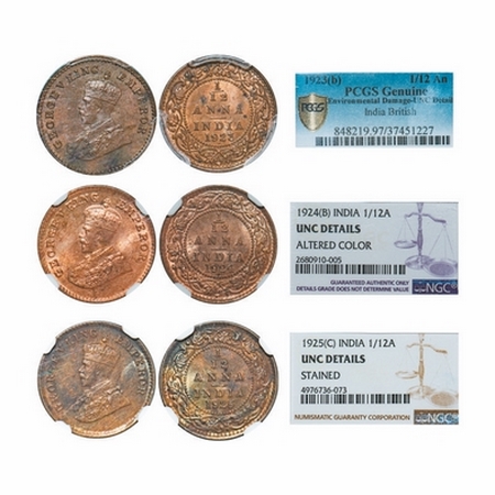 George V, Bronze, 1/12 Annna, (3 slabs), 1) 1923, Bombay Mint, Dot, 2) 1924, Bombay Mint, 