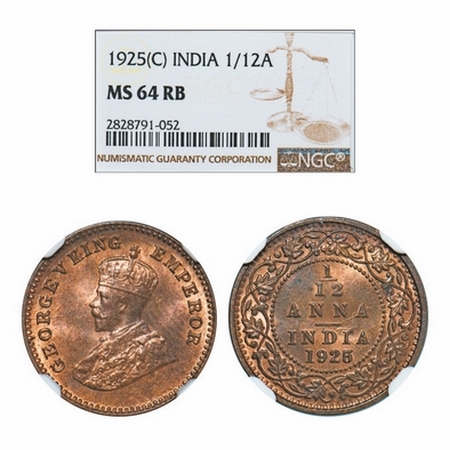 George V, Bronze, 1/12 Anna, 1925, Calcutta Mint, No dot. GK 1238. NGC Slabbed MS 64 RB. R