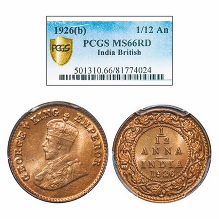 George V, Bronze, 1/12 Anna, 1926, Bombay Mint, Dot. GK 1239. PCGS Slabbed MS 66 RD. Rare.