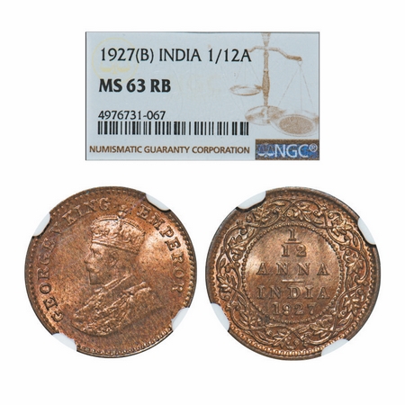 George V, Bronze, 1/12 Anna, 1927, Bombay Mint, Dot. GK 1241. NGC Slabbed MS 63 RB. Very S