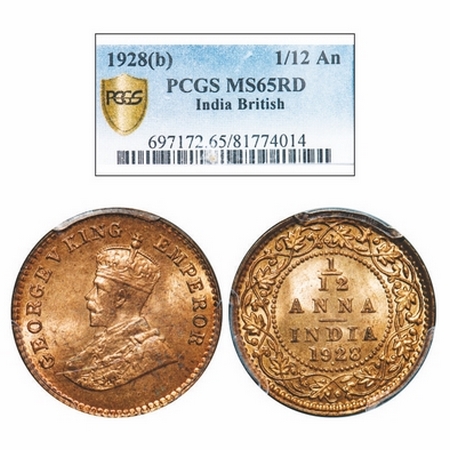 George V, Bronze, 1/12 Anna, 1928, Bombay Mint, Dot. GK 1243. PCGS Slabbed MS 65 RD. Rare.