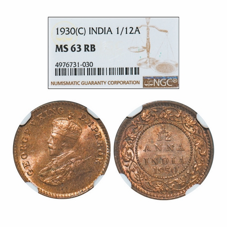 George V, Bronze, 1/12 Anna, 1930, Calcutta Mint, No dot. GK 1246. NGC Slabbed MS 63 RB. R