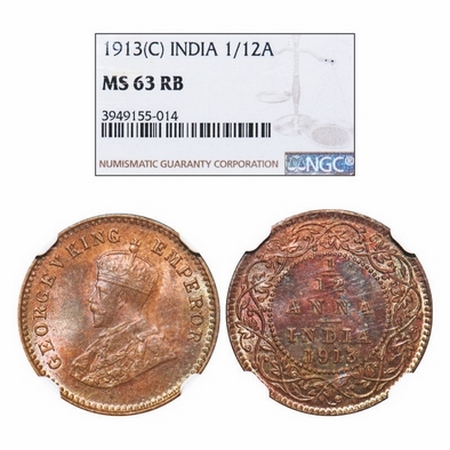 George V, Bronze, 1/12 Anna, 1913, Calcutta Mint, No dot. GK 1224. NGC Slabbed MS 63 RB. R