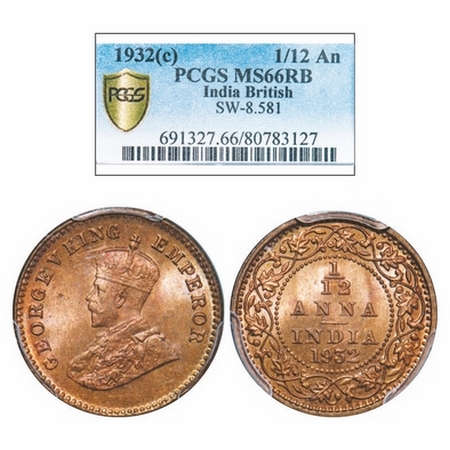 George V, Bronze, 1/12 Anna, 1932, Calcutta Mint, No dot. GK 1248. PCGS Slabbed MS 66 RB. 