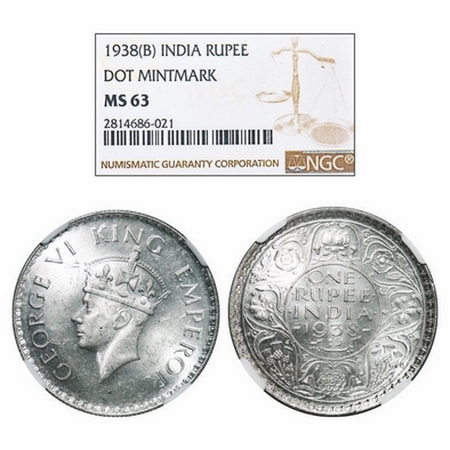 George VI, Silver, Rupee, 1938, Bombay Mint, A/I, Dot, Milled edge. GK 1255. NGC Slabbed M