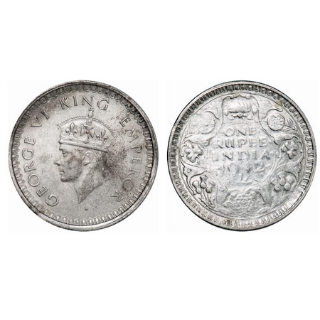 George VI, Half Silver, Rupee, 11.52gm, 1942, B(a)/II, Error: Struck through error, this t