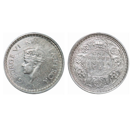 George VI, Half Silver, Rupee, 1943, 30.50mm, Error, Misstruck, Die filled on Obv. Very Fi