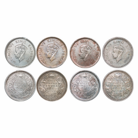 George VI, Half Silver, Rupee, (4 Coins), 1943, Bombay Mint, 1) B(a)/II, Diamond, Security