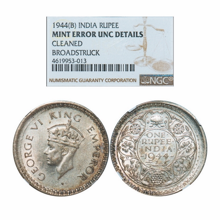 George VI, Half Silver, Rupee, 1944, Bombay Mint, C/III, Diamond, Security edge, Error, Br