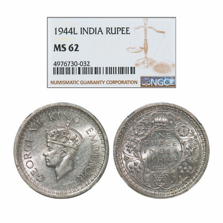 George VI, Half Silver, Rupee, 1944, Lahore Mint, D/II, 'L' raised, Security edge, Thin 'L