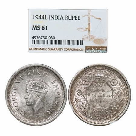 George VI, Half Silver, Rupee, 1944, Lahore Mint, D/II, 'L' raised, Security edge, Thin 'L