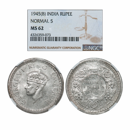 George VI, Half Silver, Rupee, 1945, Bombay Mint, D/II, Dot, Security edge, Normal 5. GK 1