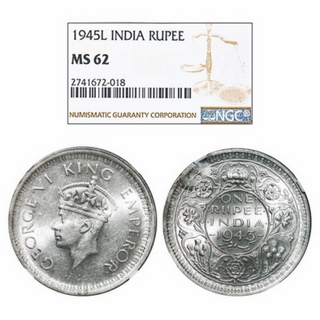 George VI, Half Silver, Rupee, 1945, Lahore Mint, D/II, 'L' raised, Security edge, Normal