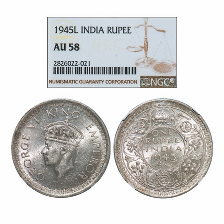 George VI, Half Silver, Rupee, 1945, Lahore Mint, D/II, 'L' raised, Security edge, Normal 