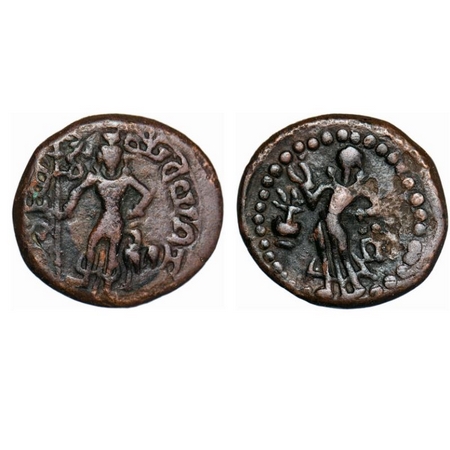 Yaudheya, Karttikeya-Devasena type, Copper Unit, 10.99g, 23.95x26.10mm, Obv: Karttikeya st