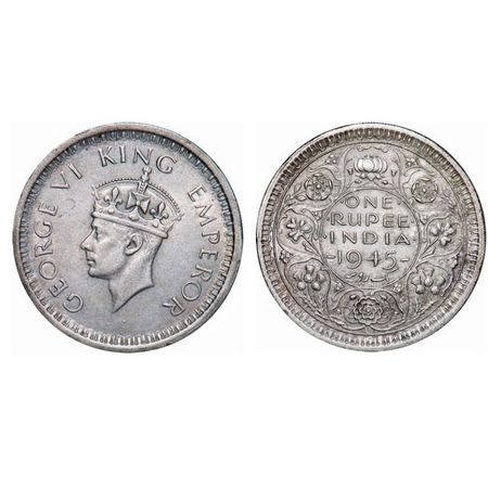 George VI, Half Silver, Rupee, 1945, Lahore Mint, D/II, 'L' raised, Large 5, Security edge
