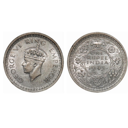 George VI, Half Silver, Rupee, 1945, Lahore Mint, D/II, 'L' raised, Security edge, Large 5